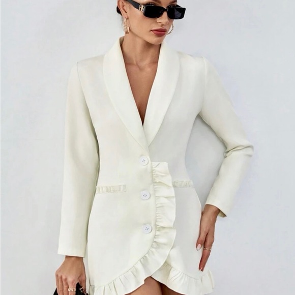 Off white v neck ruffle hem button front mini blazer dress - Picture 6 of 6